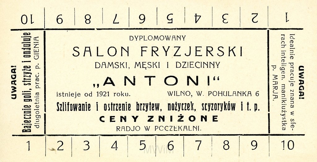 KKE 5694.jpg - Dok. Wizytówka zakładu fryzjerskiego „Antoni”.  Zakład prowadizł najpierw Benedykt Graskzo póxniej jego syn Antonie, Wilno, 1921/1945 r.